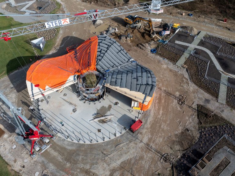 DerHolz-Naturfaser Pavillon aus der Luft. Foto: Christoph Morlok